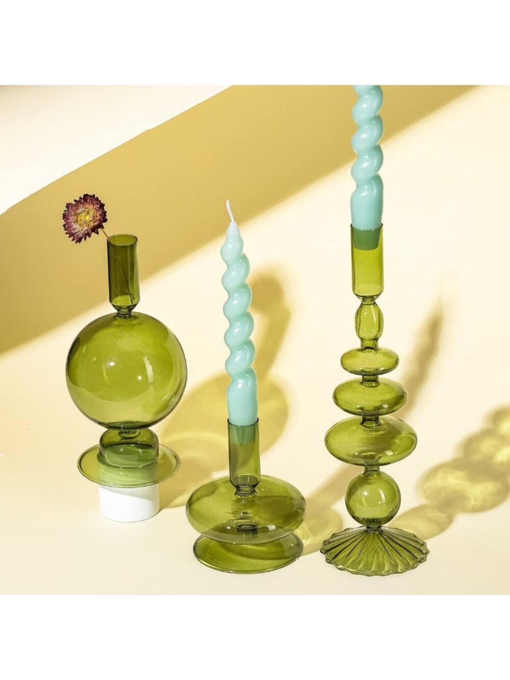 Set of 3 Elegant Green Glass Candle Holders - Stylish Home Decor Accent - Picture 6 of 7